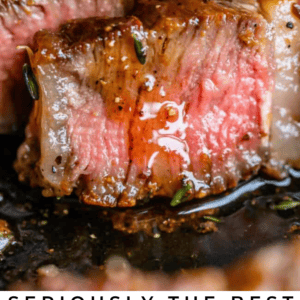 Close-up of a juicy, perfectly cooked ribeye steak with a pink center, topped with herbs and garlic slices. Text below reads: “Seriously the Classic Ribeye Steaks. The Food Charlatan.”.
