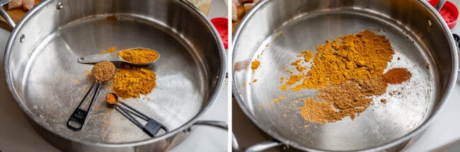 toasting spices in a pan, curry powder, garam masala, cayenne.