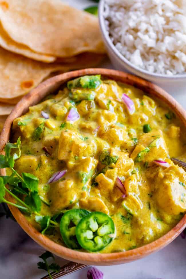 curry sauce with chicken and onion and jalapeno and cilantro.