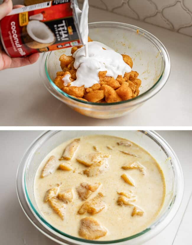 adding coconut milk to a bowl of raw spiced chicken, marinating chicken in a bowl.