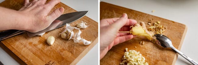 smashing garlic with a knife, peeling ginger with a spoon