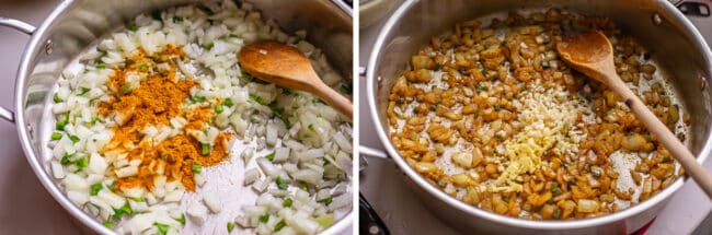 adding spices to sauteing onions, adding ginger and garlic