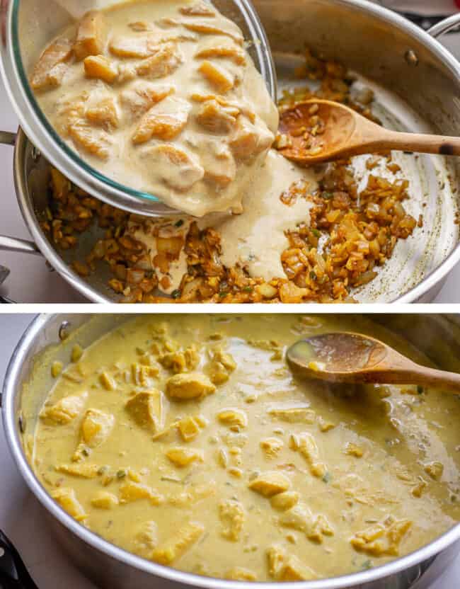 adding marinated chicken to a pan, completed curry