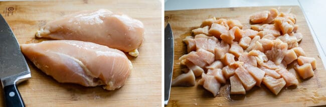 raw chicken breast, chopped chicken breasts on a cutting board