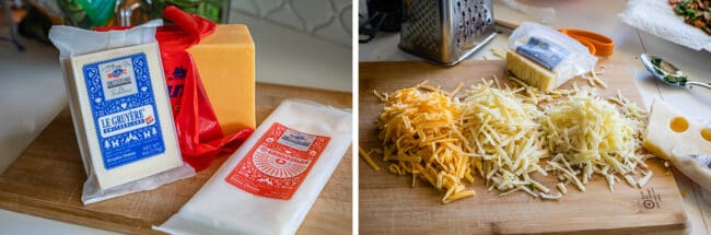 3 cheeses on a cutting board: gruyere, cheddar, and swiss, then all cheeses shredded