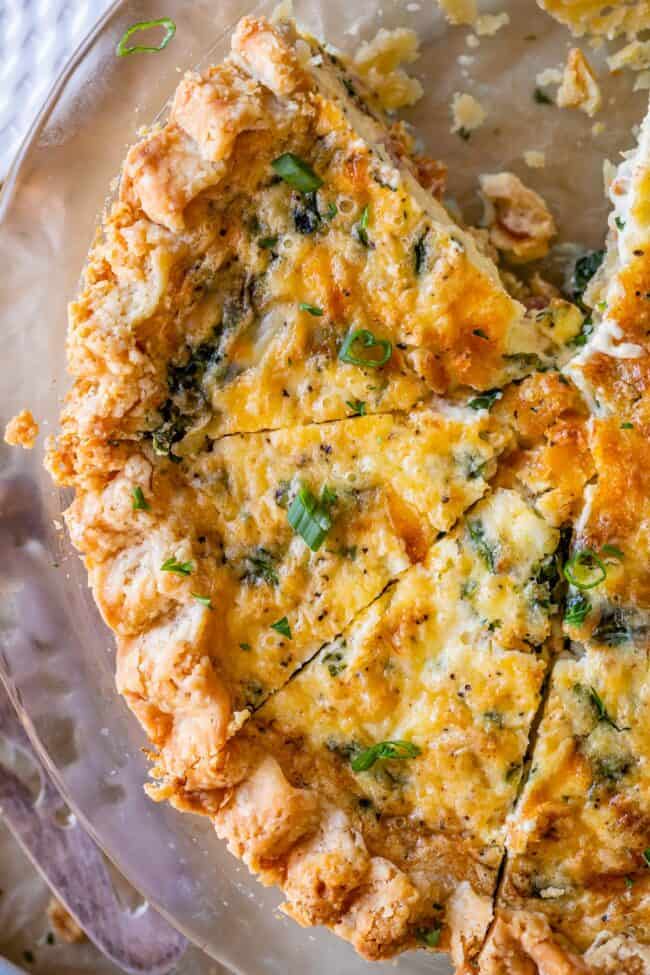 overhead shot of quiche recipe with cheese and bacon.