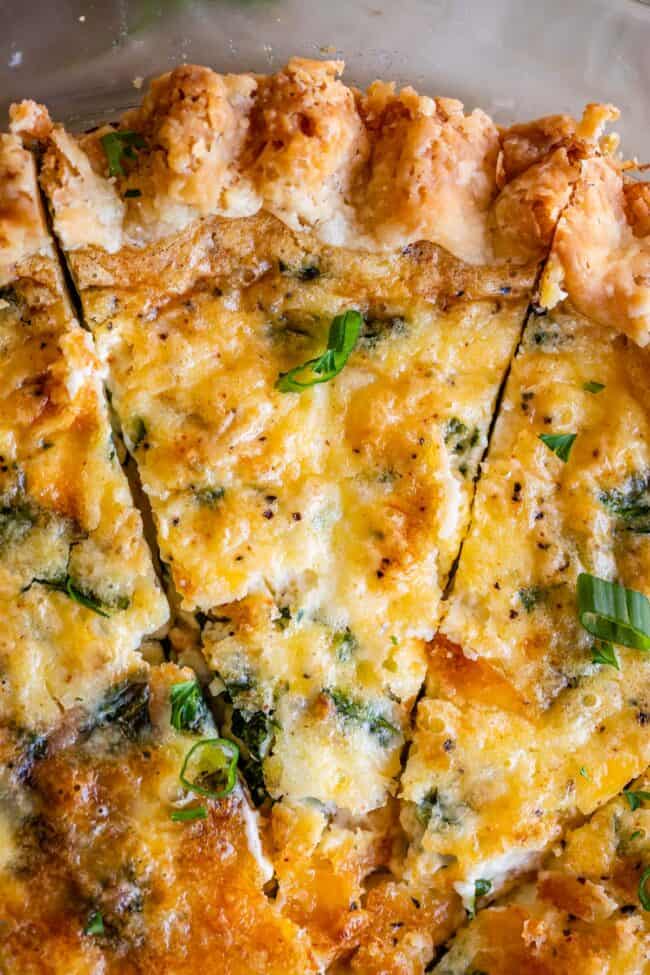 overhead shot of breakfast quiche recipe with bacon and spinach.