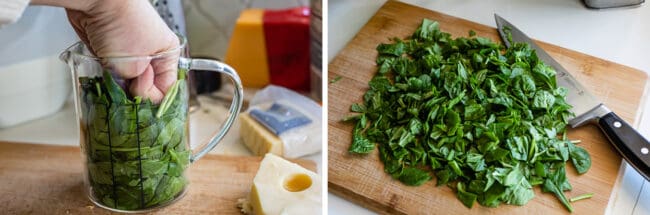 packing fresh spinach into a glass measuring cup, chopping spinach on a cutting board