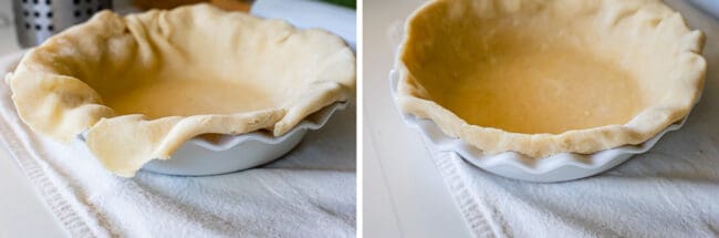 pie dough laid out in pie pan, then again with the edges pressed together