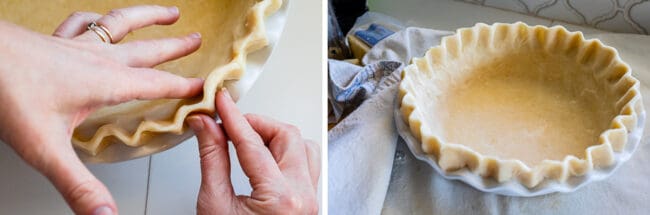 crimping pie dough with fingers, finished pie shell in white pan.