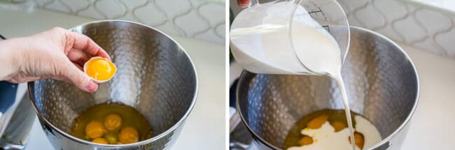 separating an egg into a stand mixer, then adding cream to bowl.