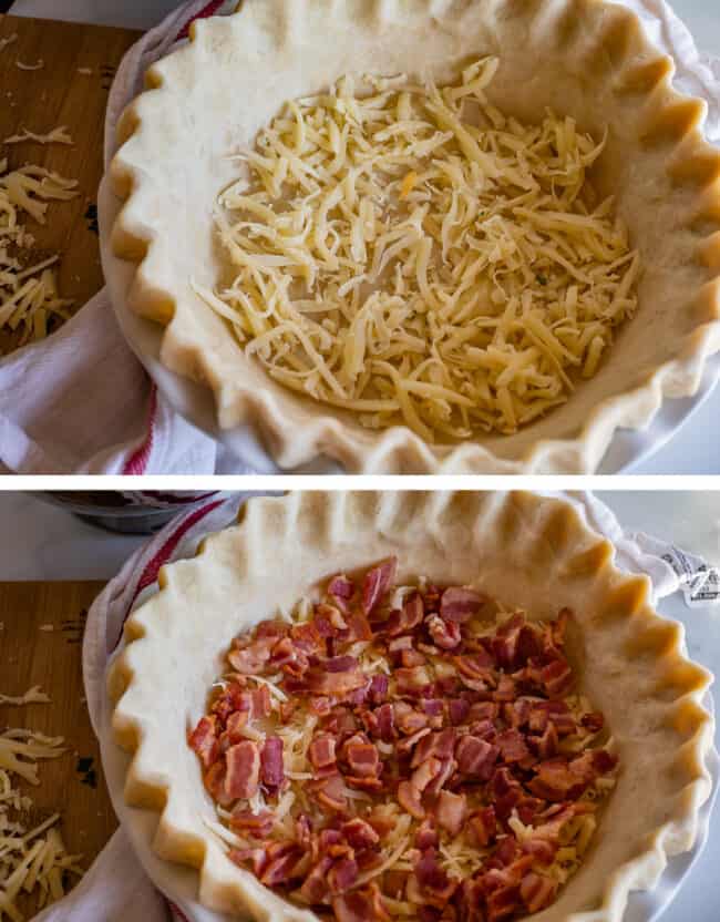 unbaked pie shell with Swiss cheese , then topped with bacon.
