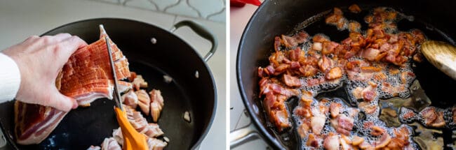 cutting bacon into a pan with scissors, cooked bacon in a skillet.