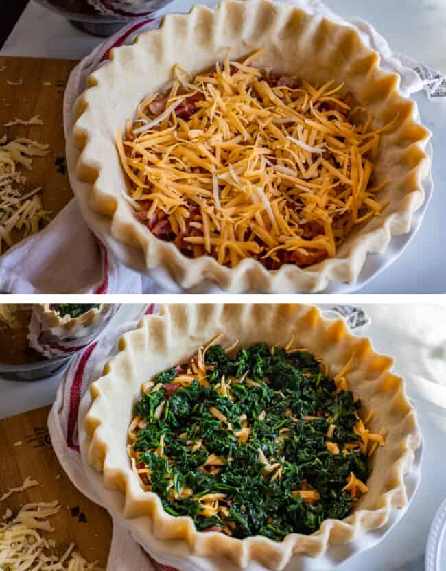 unbaked quiche with cheese, then topped with cooked spinach.