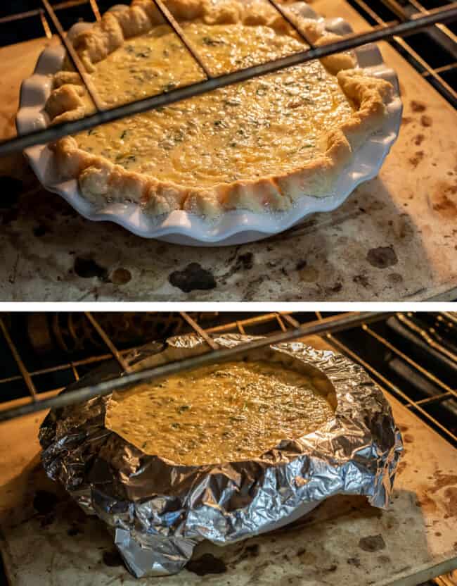 unbaked quiche on a stone in the oven, then the edges covered in tin foil.