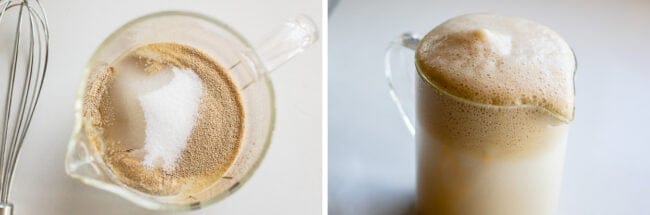 yeast, sugar, and water in a glass measuring cup, then foaming