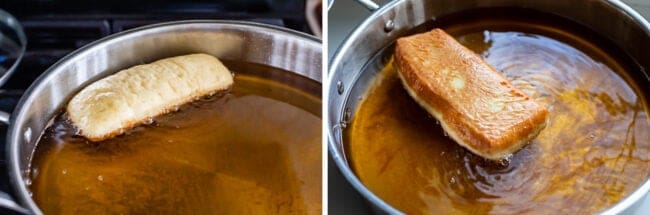 frying bar donut in a pan of oil, flipped donut