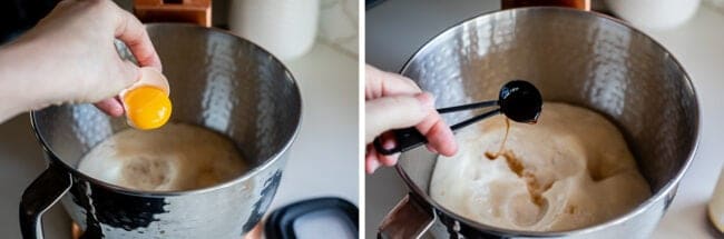 adding egg yolk to stand mixer, adding vanilla to stand mixer