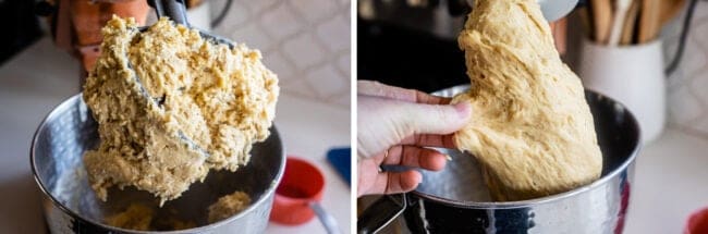 yeast mixture on the paddle attachment of a stand mixer, pulling dough with fingers