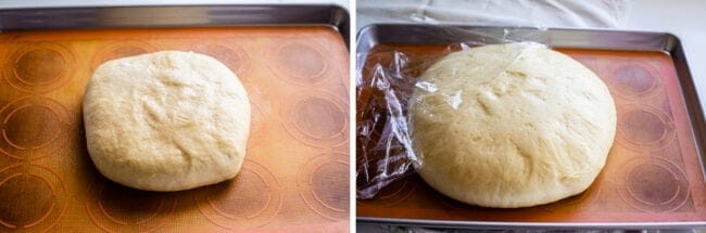 dough on a pan before rise, after rise