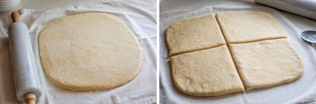 rolled out dough next to rolling pin, dough cut into four squares