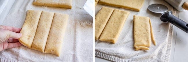 dough cut into 3 strips, cutting off edges of dough to make a rectangle