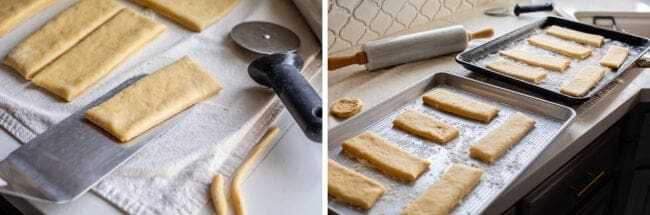 lifting rectangle of dough on a spatula, all the dough layed out on 2 pans