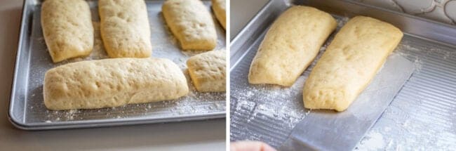 risen bar donuts on a pan, lifting raw risen donut from pan with spatula