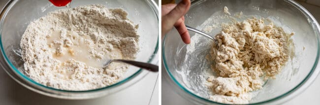 adding water to flour to make a dough, mixing dough