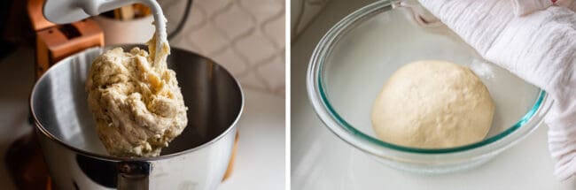 dough on the hook of a stand mixer, ball of dough in a bowl