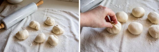 balls of dough on a pastry cloth next to a rolling pin, pinching the dough to shape