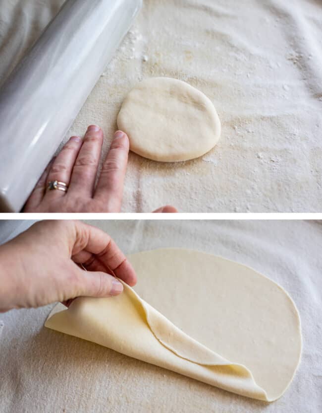 disk of dough ready to roll out, rolled out dough very flat with hand holding it up