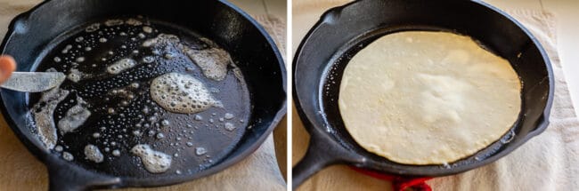 butter coating a cast iron skillet, roti in a pan