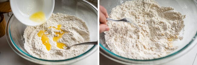 adding butter to flour in a glass bowl, mixing it together with a fork