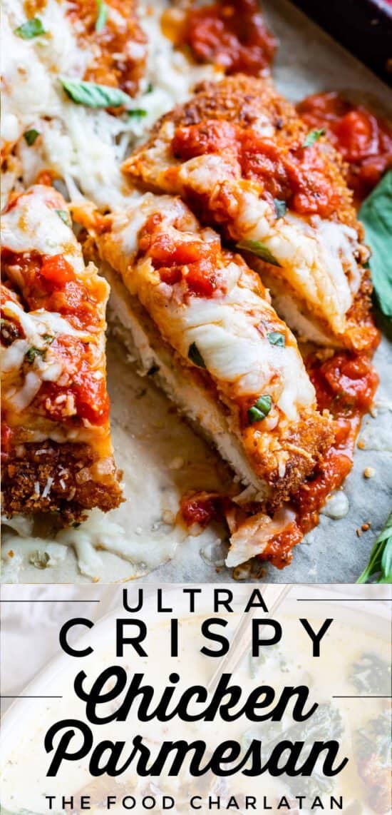 sliced chicken parm with cheese and sauce