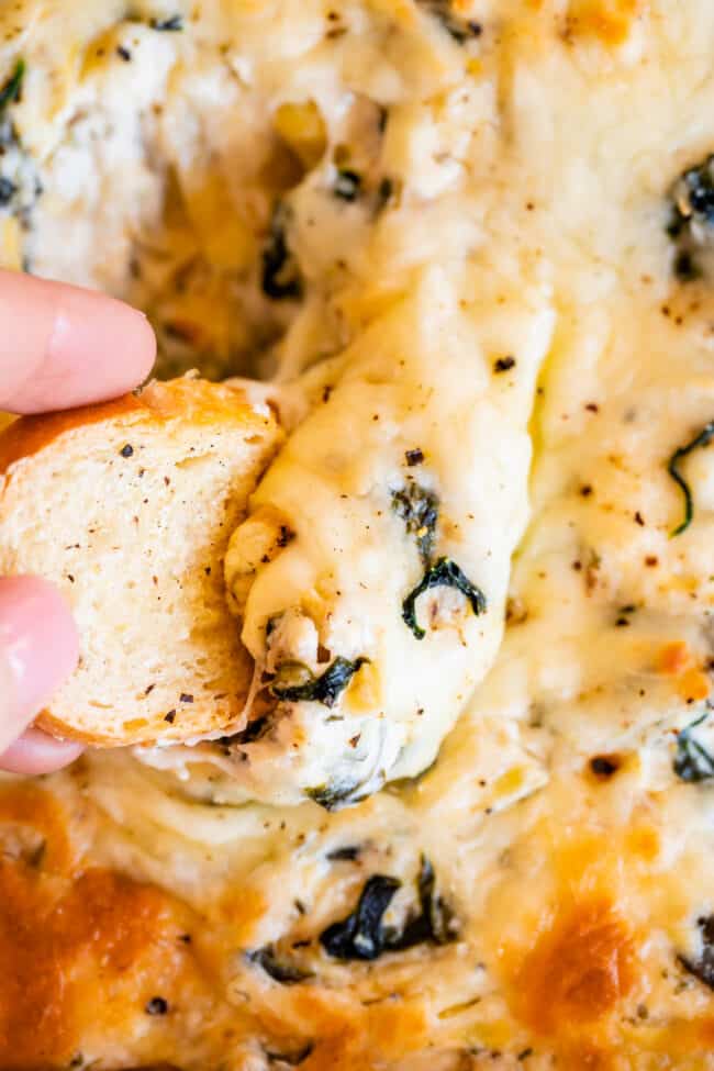 hand dipping bread into cheesy best spinach artichoke dip