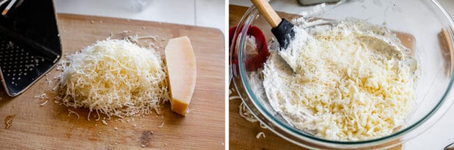 shredded parmesan on a cutting board, adding cheese to dip