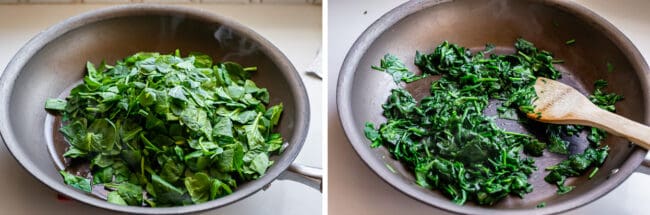 fresh spinach added to a hot pan, wilted spinach in a pan