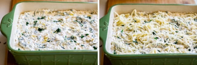 spinach artichoke dip spread in a green casserole dip, then topped with cheese