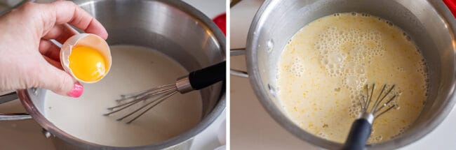 adding an egg yolk to milk mixture in a pot with whisk; whisking in the egg yolks.