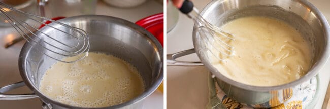 egg protein stuck on a whisk held over a pot of custard; thickened custard in a pot.