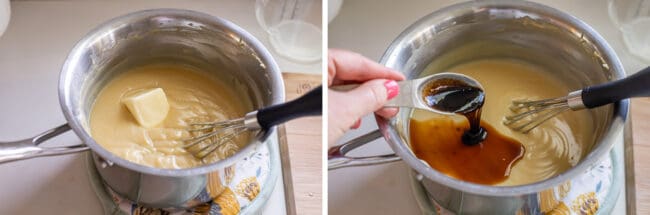adding butter to a pot of vanilla custard; adding vanilla bean paste to the custard.