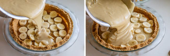 pouring custard over bananas in a graham cracker crust; adding more.