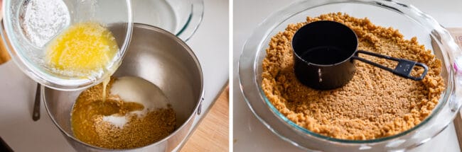 adding butter to a metal bowl with graham crumbs and sugar; pressing the graham crumbs into a pie pan.