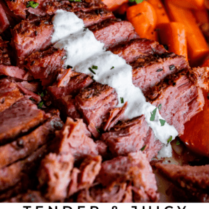 corn beef and cabbage sliced and topped with horseradish sauce