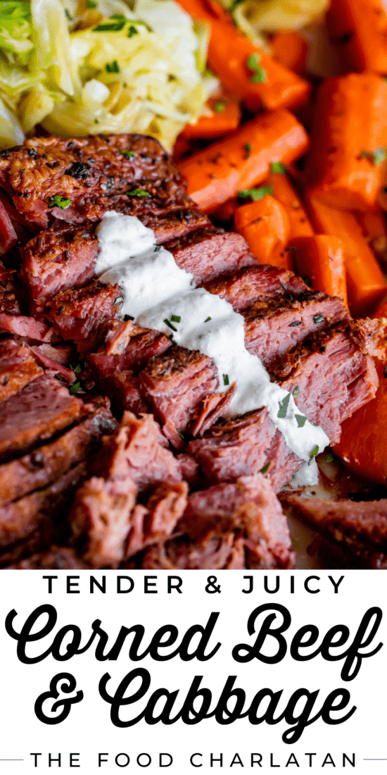corn beef and cabbage sliced and topped with horseradish sauce