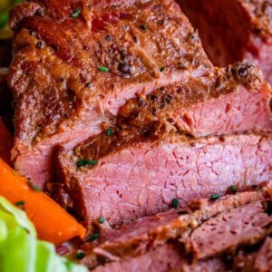 slow cooker corned beef sliced, with carrots and cabbage