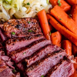 sliced corn beef and cabbage with carrots