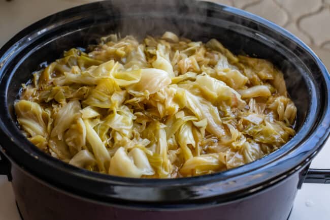 cooked cabbage in a crock pot.