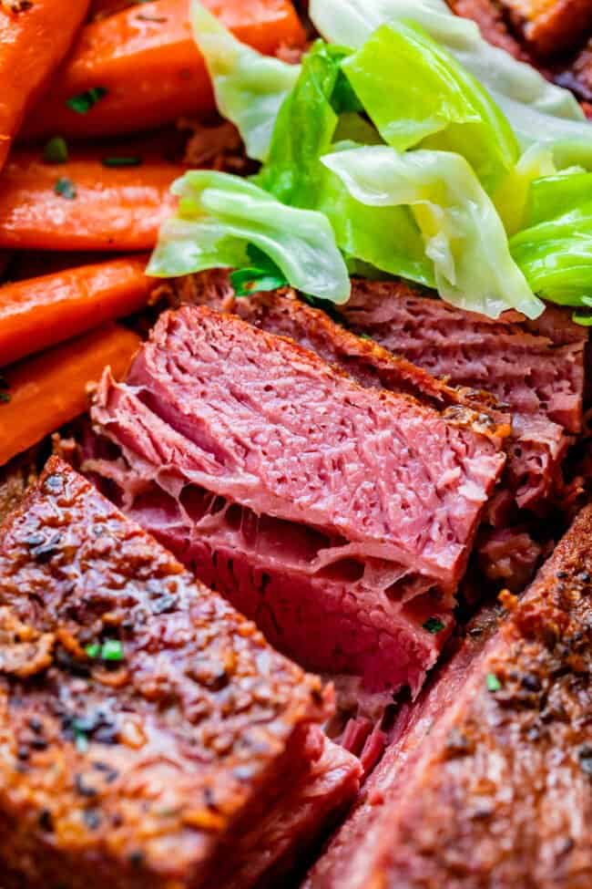 corn beef and cabbage sliced, with carrots and cabbage.